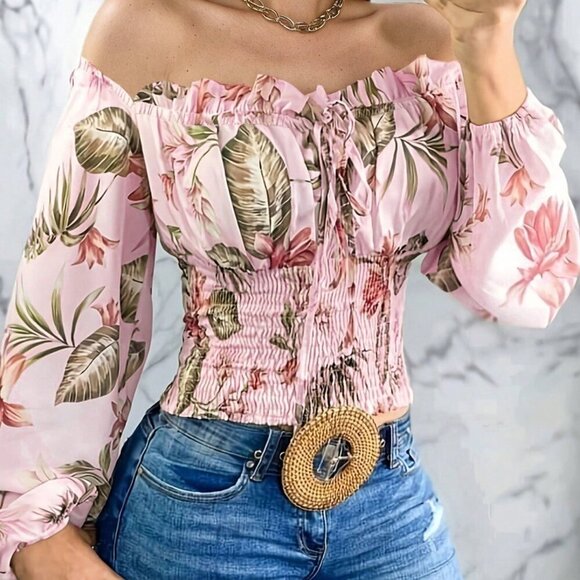 Tops - Pink Casual Women's Off Shoulder Floral Print Top